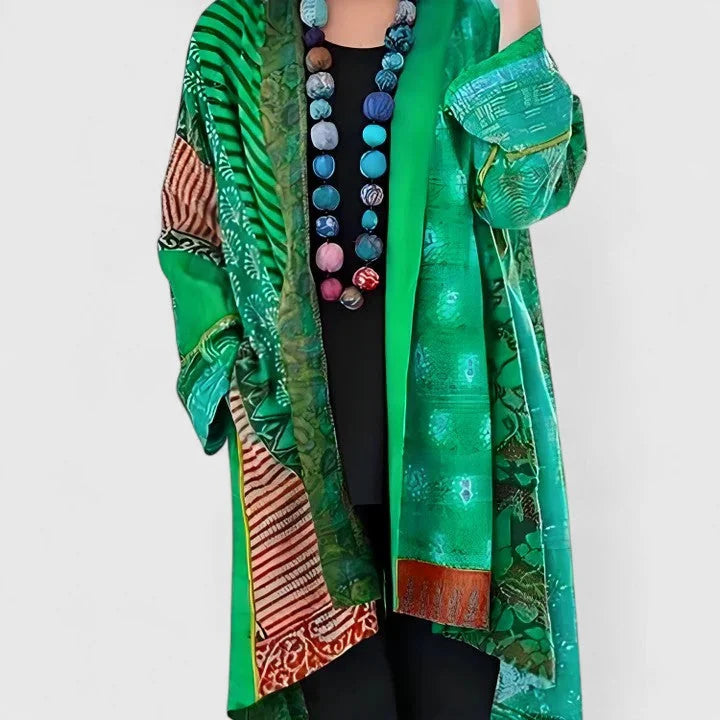 Green Women's Boho Patchwork Long Cardigan — Nadine Satin Kimono Duster - Front Worn Detail
