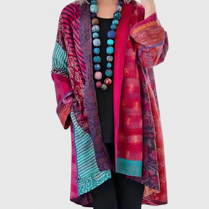 Pink Women's Boho Patchwork Long Cardigan — Nadine Satin Kimono Duster - Front Closeup Necklace