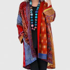 Red Women's Boho Patchwork Long Cardigan — Nadine Satin Kimono Duster - Front Open Drape