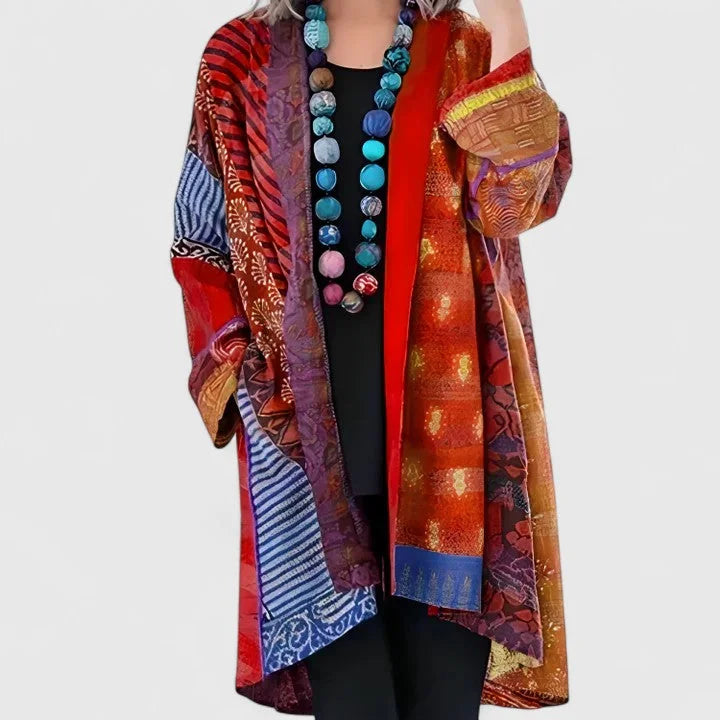 Red Women's Boho Patchwork Long Cardigan — Nadine Satin Kimono Duster - Front Open Drape