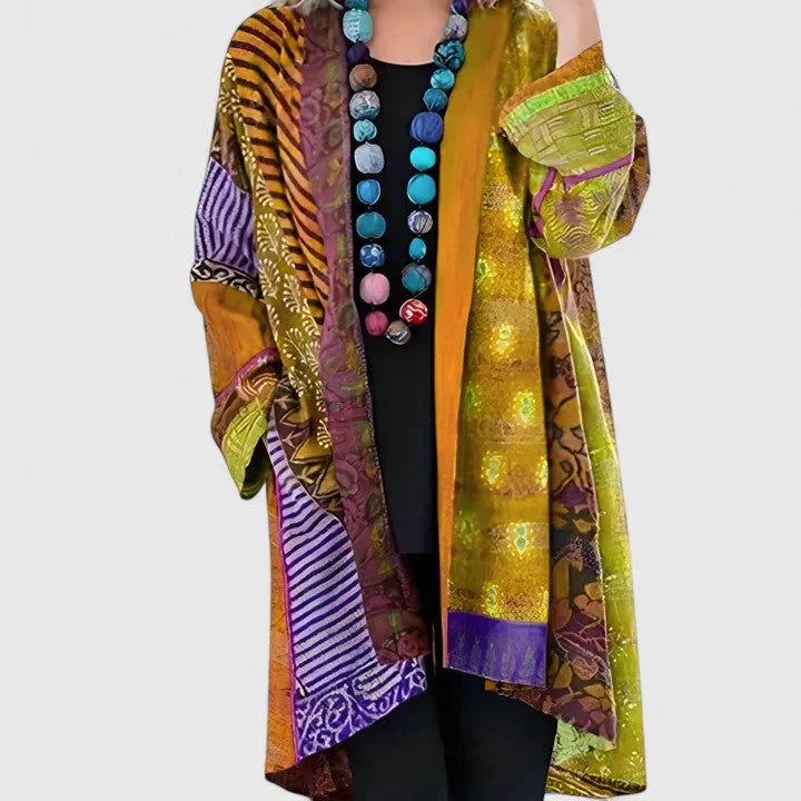 Yellow Women's Boho Patchwork Long Cardigan — Nadine Satin Kimono Duster - Arms Raised Pose
