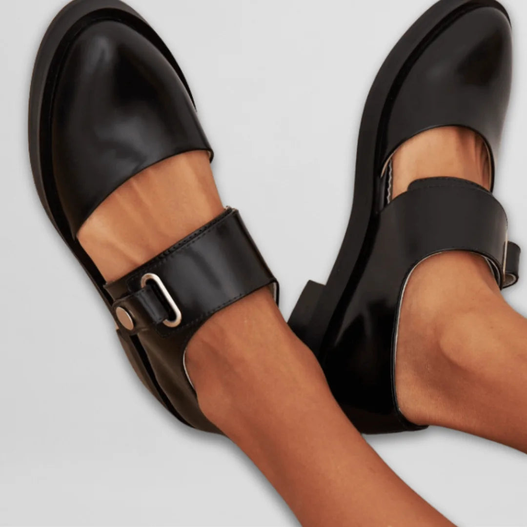Black Women's Black Buckle-Strap Mary Shoes — Camille Cushioned Round-Toe Flats - Close Up Crossed