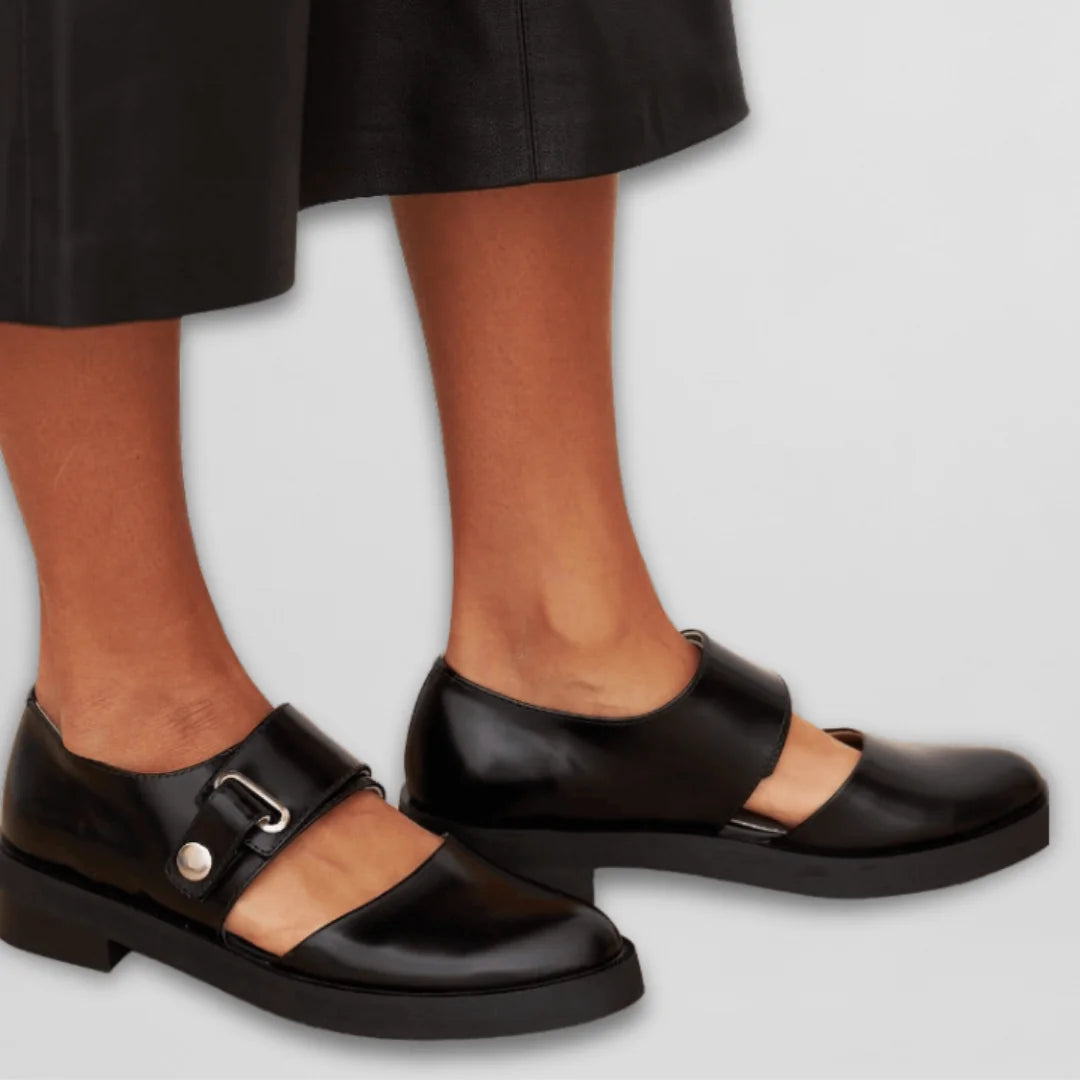 Black Women's Black Buckle-Strap Mary Shoes — Camille Cushioned Round-Toe Flats - Side Worn Detail
