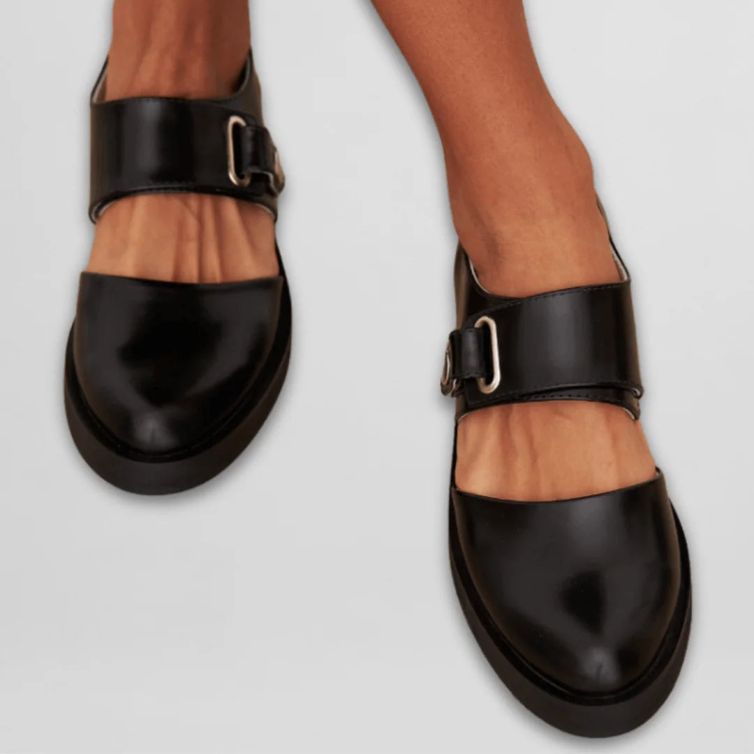 Black Women's Black Buckle-Strap Mary Shoes — Camille Cushioned Round-Toe Flats - Top Down Worn