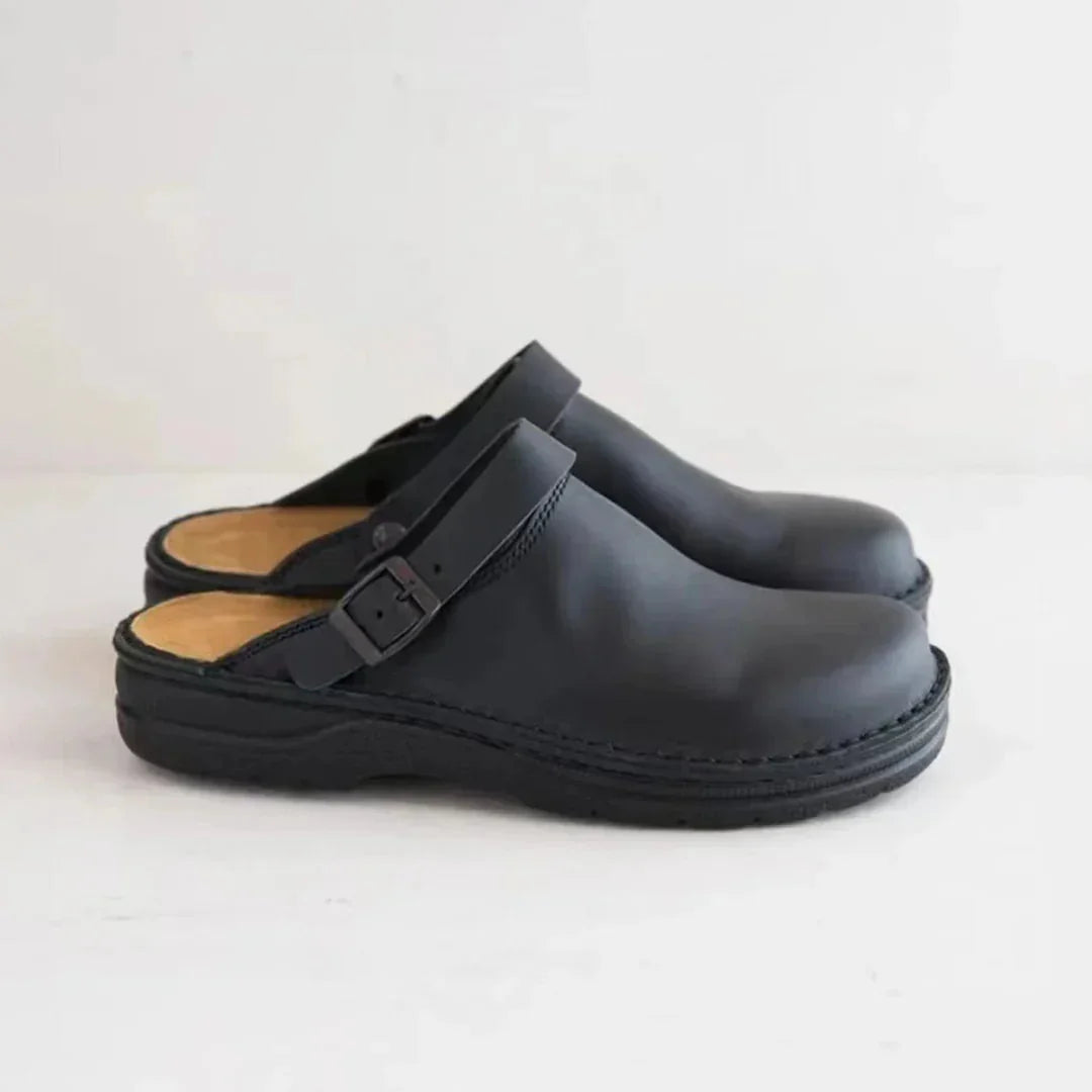 Black Men's Faux Leather Buckle Strap Clogs — Theo Everyday Slip-On Comfort - Front Angle Pair