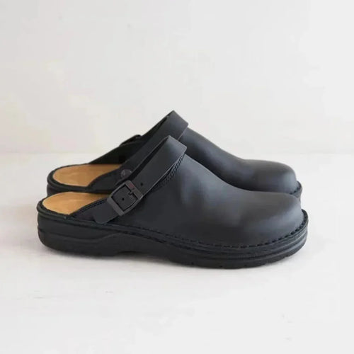 Black Men's Faux Leather Buckle Strap Clogs — Theo Everyday Slip-On Comfort - Front Angle Pair