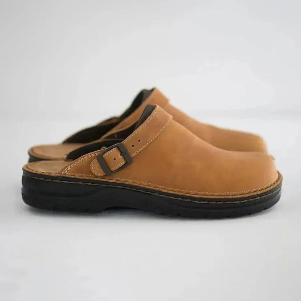 Brown Men's Faux Leather Buckle Strap Clogs — Theo Everyday Slip-On Comfort - Side Profile Pair