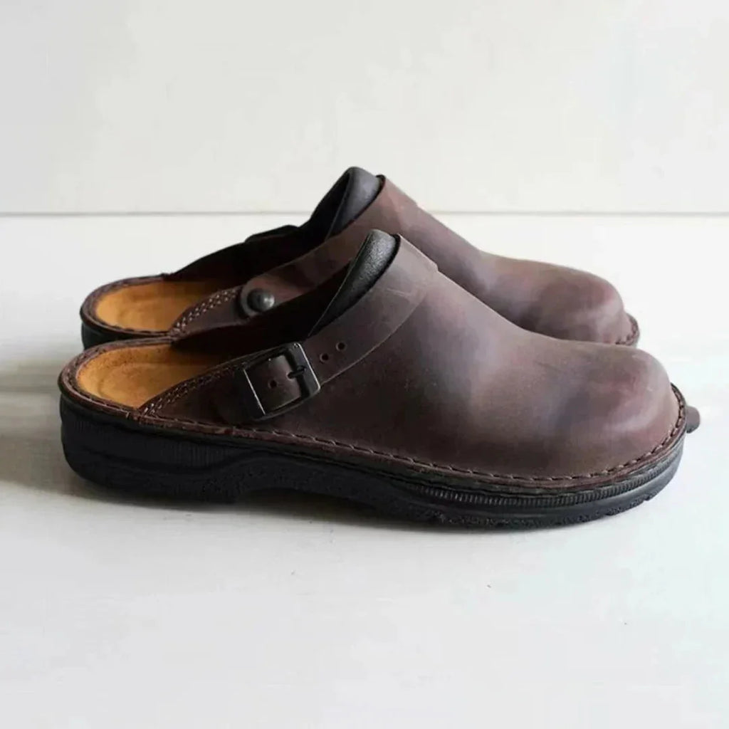 Dark Brown Men's Faux Leather Buckle Strap Clogs — Theo Everyday Slip-On Comfort - Front Side Pair