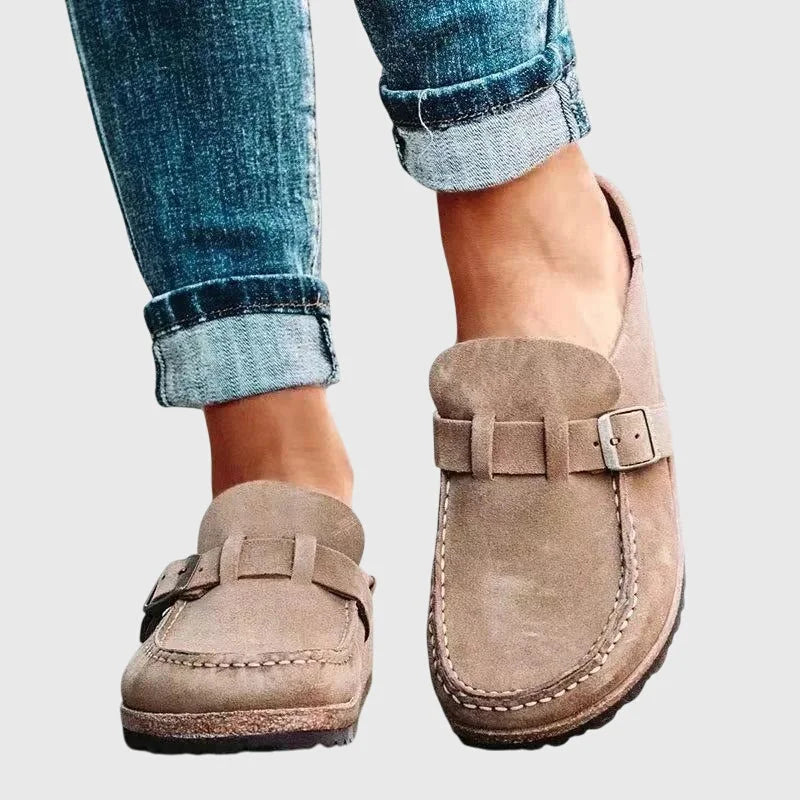 Beige Women's Suede Buckle Mule Clogs — Bree Slip-On Cork-Sole Flatform - Front Full