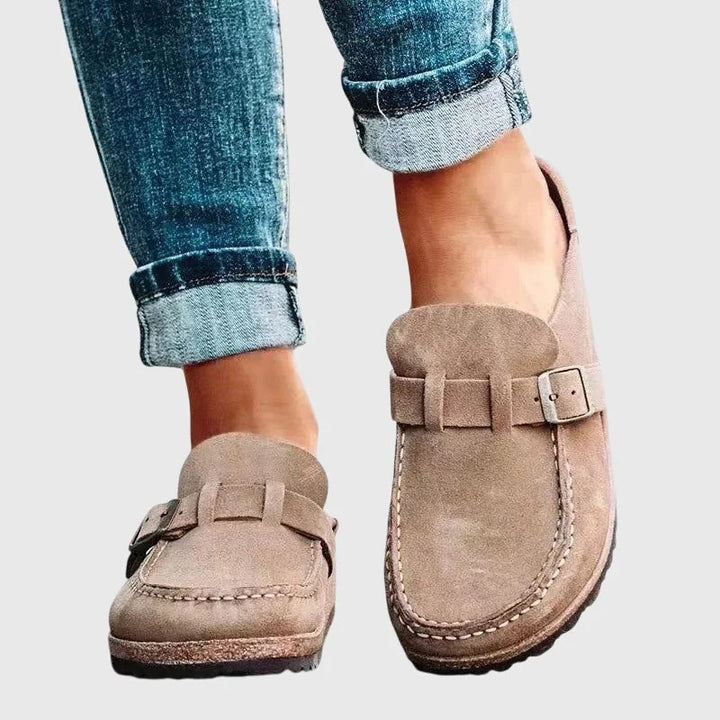Beige Women's Suede Buckle Mule Clogs — Bree Slip-On Cork-Sole Flatform - Front Full