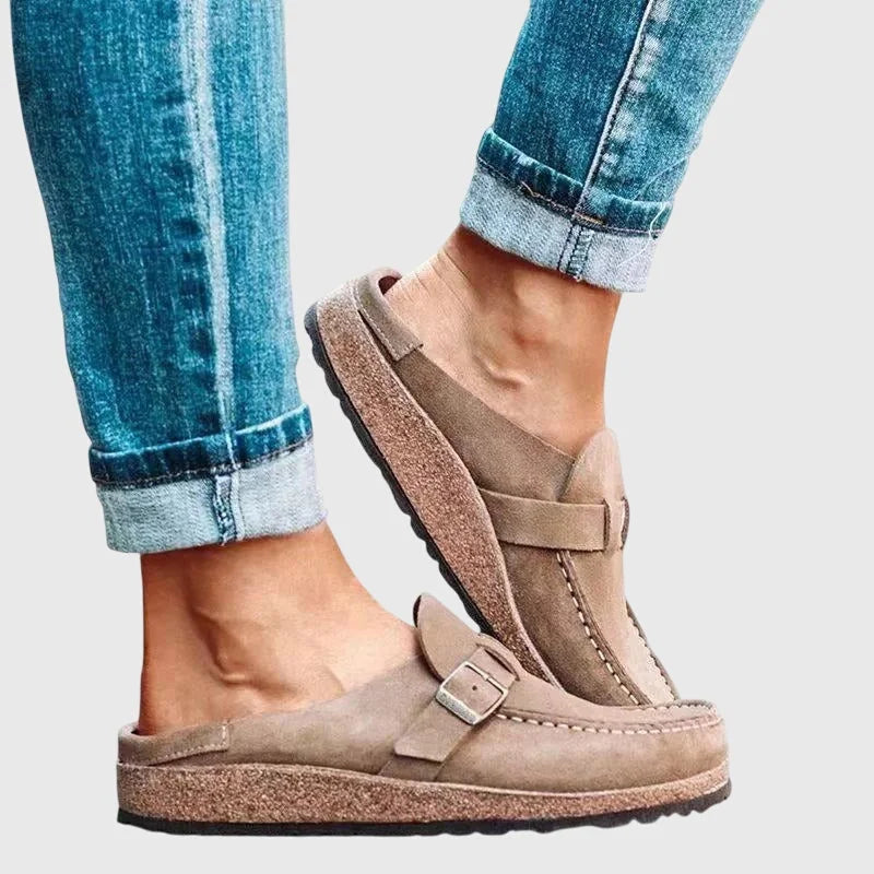 Beige Women's Suede Buckle Mule Clogs — Bree Slip-On Cork-Sole Flatform - Side Pose