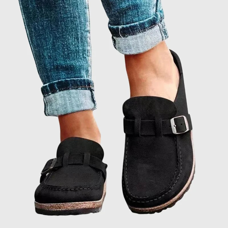 Black Women's Suede Buckle Mule Clogs — Bree Slip-On Cork-Sole Flatform - Front Full