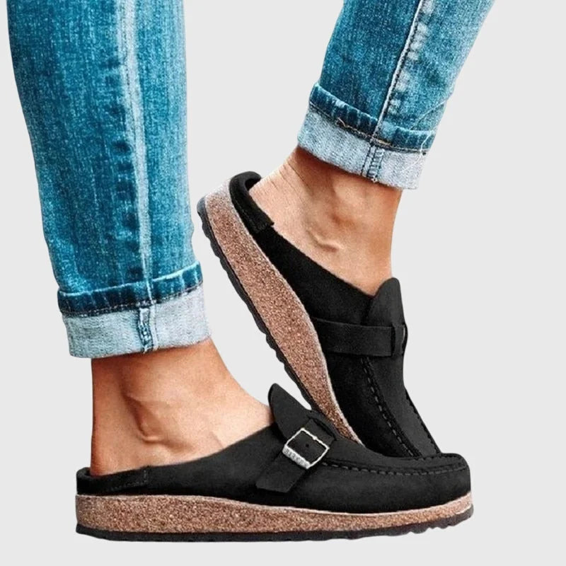 Black Women's Suede Buckle Mule Clogs — Bree Slip-On Cork-Sole Flatform - Side Pose