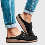 Black Women's Suede Buckle Mule Clogs — Bree Slip-On Cork-Sole Flatform - Side Pose