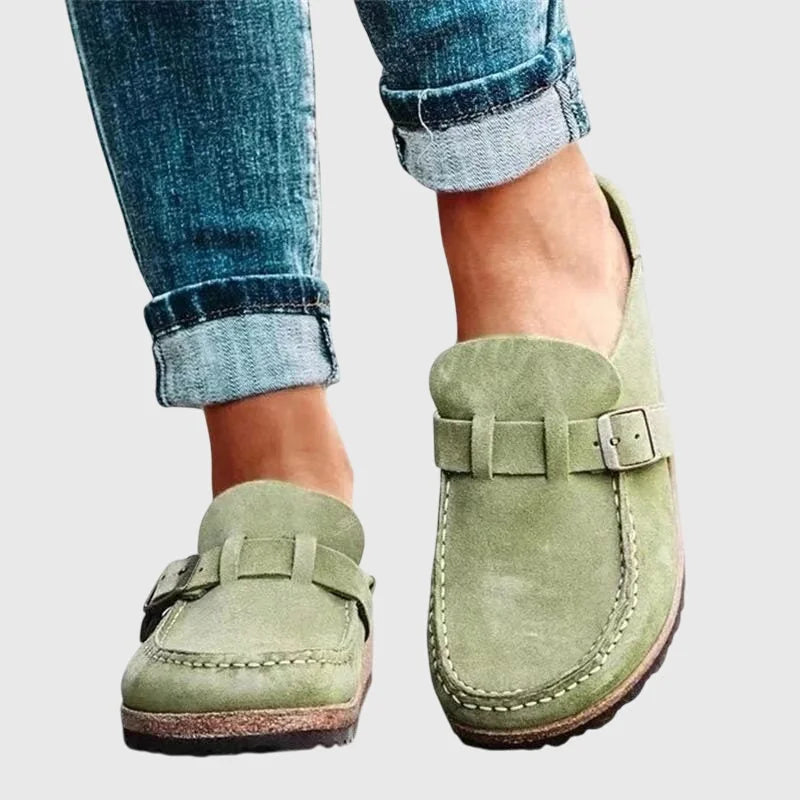 Green Women's Suede Buckle Mule Clogs — Bree Slip-On Cork-Sole Flatform - Front Full