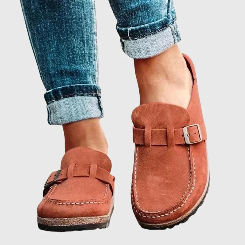 Orange Women's Suede Buckle Mule Clogs — Bree Slip-On Cork-Sole Flatform - Front Full