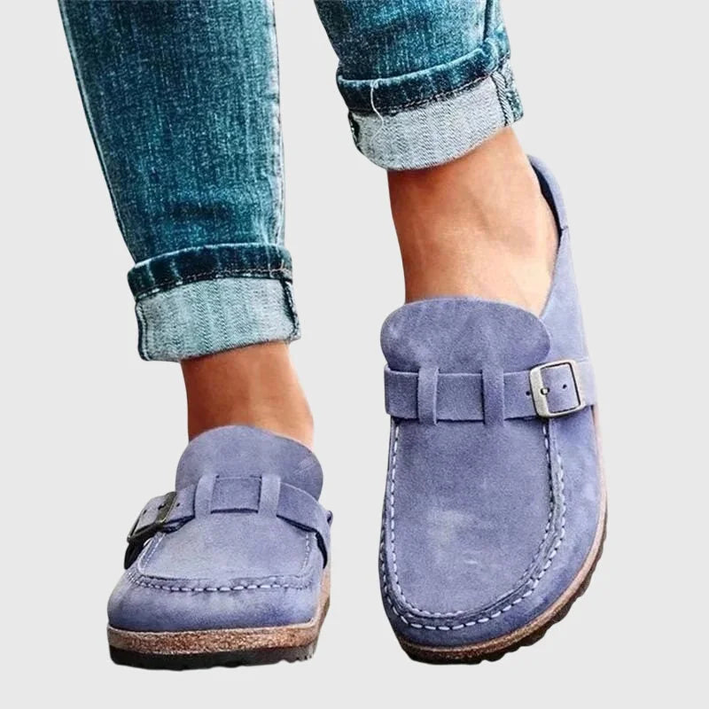 Purple Women's Suede Buckle Mule Clogs — Bree Slip-On Cork-Sole Flatform - Front Full
