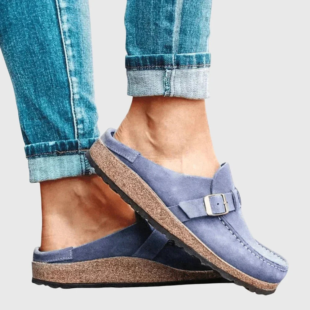 Purple Women's Suede Buckle Mule Clogs — Bree Slip-On Cork-Sole Flatform - Side Pose