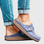 Purple Women's Suede Buckle Mule Clogs — Bree Slip-On Cork-Sole Flatform - Side Pose