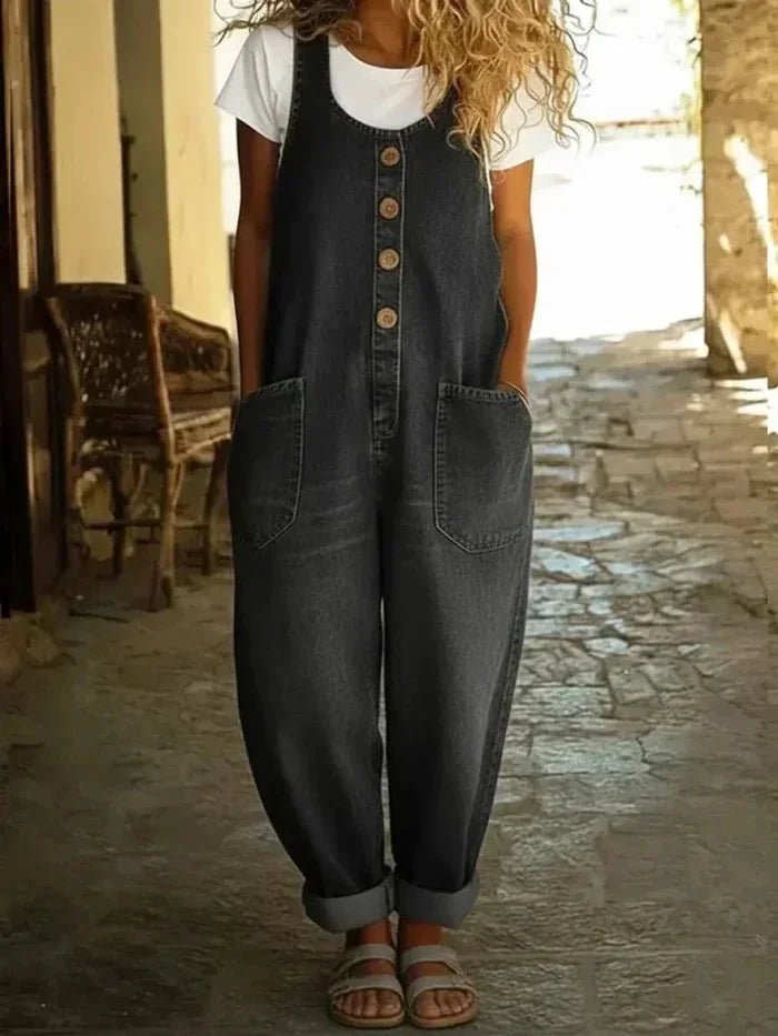Black Women's Ladies Denim Overalls — Delaney Button-Front Wide-Leg Pockets - Layered Tshirt