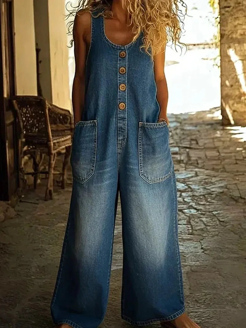Blue Women's Ladies Denim Overalls — Delaney Button-Front Wide-Leg Pockets - Front Pose