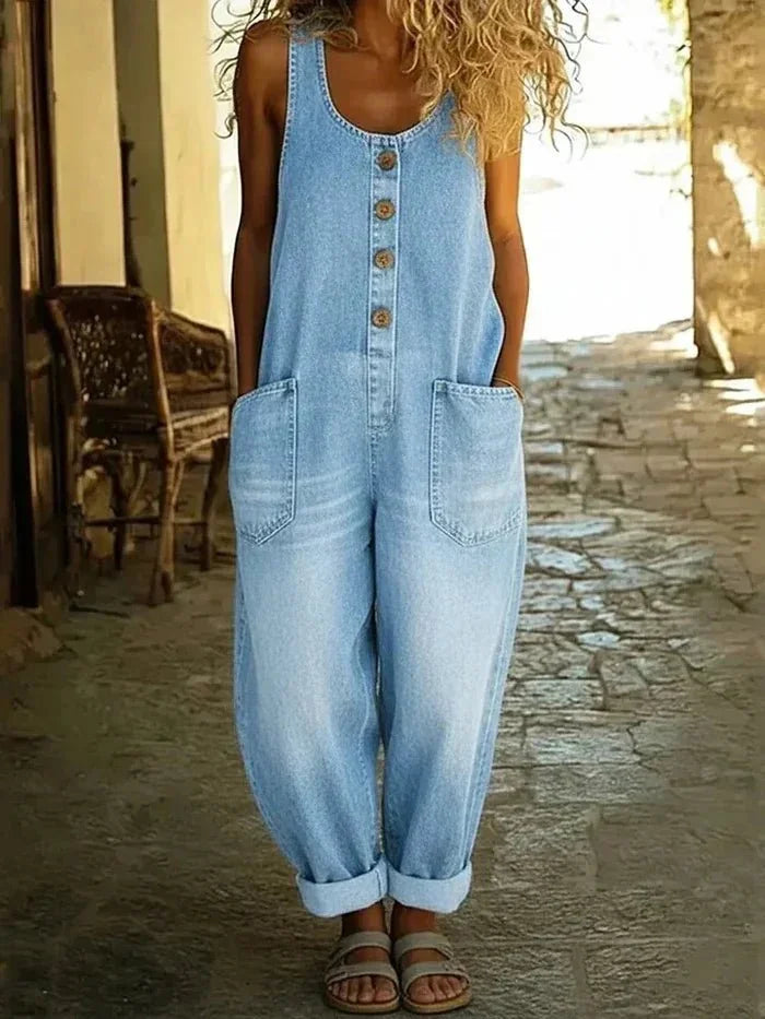 Light Blue Women's Ladies Denim Overalls — Delaney Button-Front Wide-Leg Pockets - Front Full