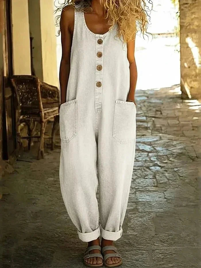 White Women's Ladies Denim Overalls — Delaney Button-Front Wide-Leg Pockets - Front Cuffed Hem