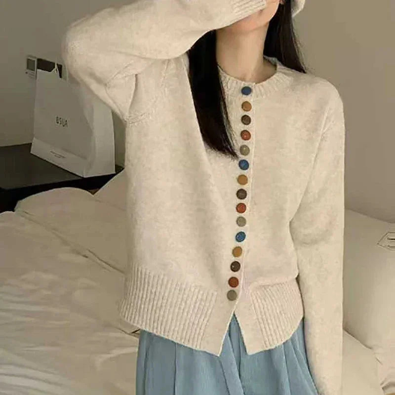 Beige Women's Colorful Button Cardigan — Maxine Cropped Crew Neck Long Sleeve - Close Up Front Bed