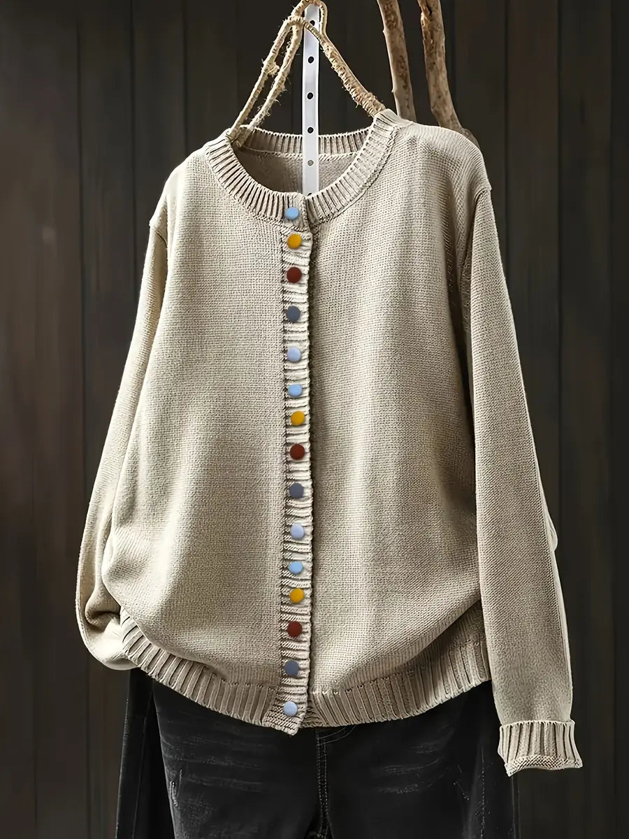 Beige Women's Button-Front Knit Cardigan — Aida Oversized Rainbow-Button Crew Neck - Front Full Alt
