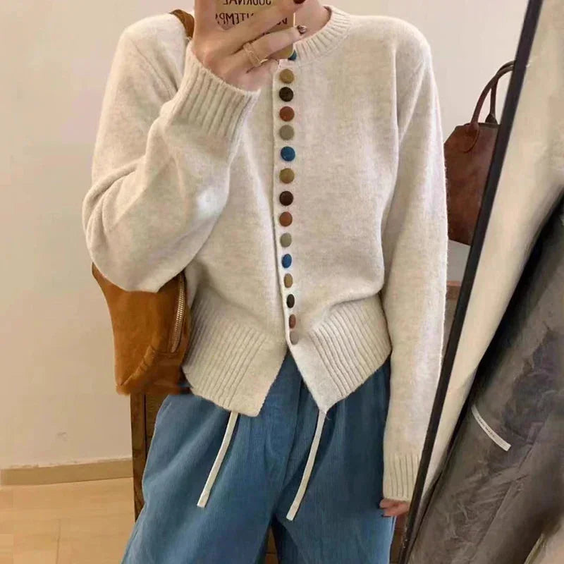 Beige Women's Colorful Button Cardigan — Maxine Cropped Crew Neck Long Sleeve - Mirror Selfie Front