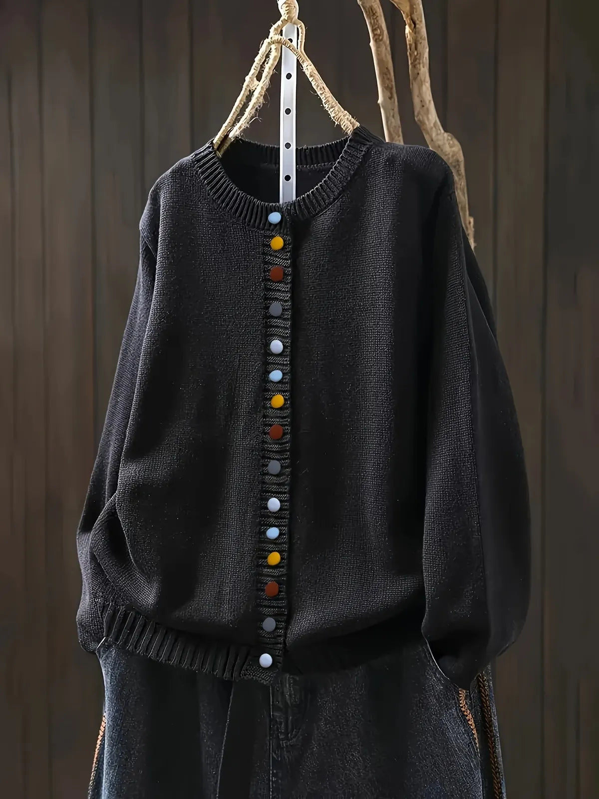 Black Women's Button-Front Knit Cardigan — Aida Oversized Rainbow-Button Crew Neck - Front Full Dark