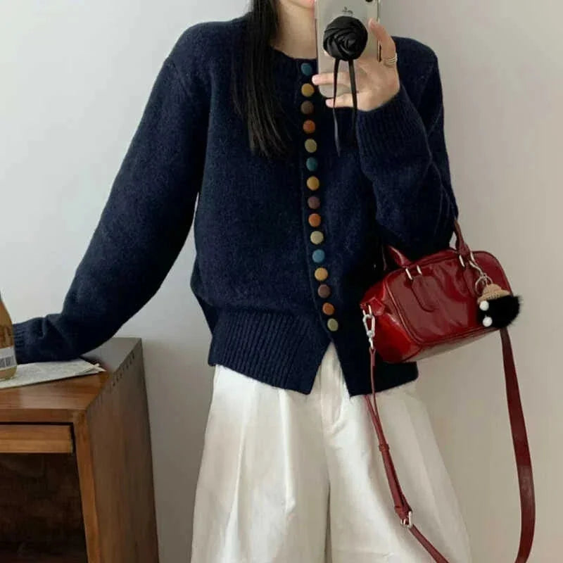 Blue Women's Colorful Button Cardigan — Maxine Cropped Crew Neck Long Sleeve - Mirror Selfie Phone