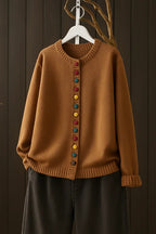 Brown Women's Button-Front Knit Cardigan — Aida Oversized Rainbow-Button Crew Neck - Front Angled