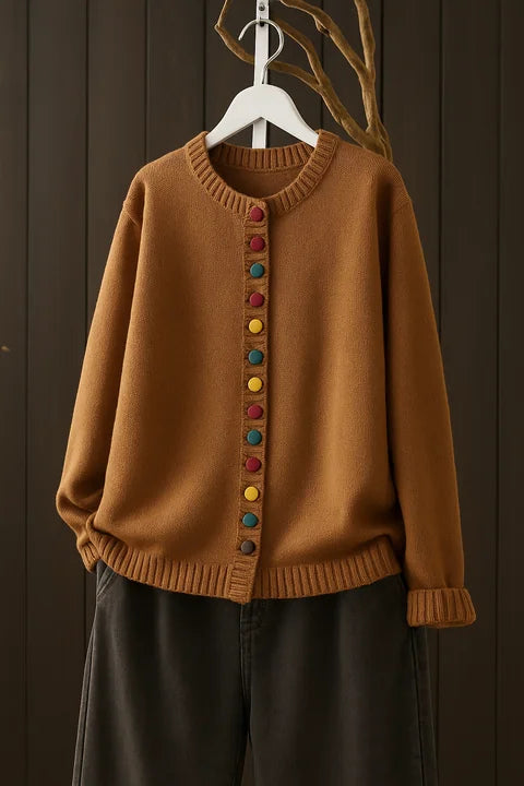 Brown Women's Button-Front Knit Cardigan — Aida Oversized Rainbow-Button Crew Neck - Front Angled