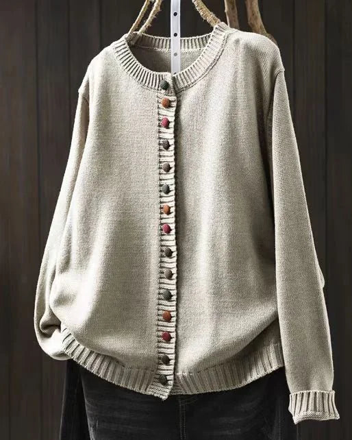 Cream Women's Button-Front Knit Cardigan — Aida Oversized Rainbow-Button Crew Neck - Close Up Buttons
