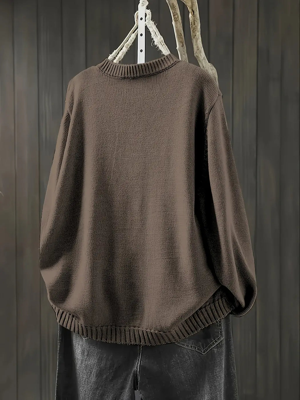 Dark Brown Women's Button-Front Knit Cardigan — Aida Oversized Rainbow-Button Crew Neck - Back Full