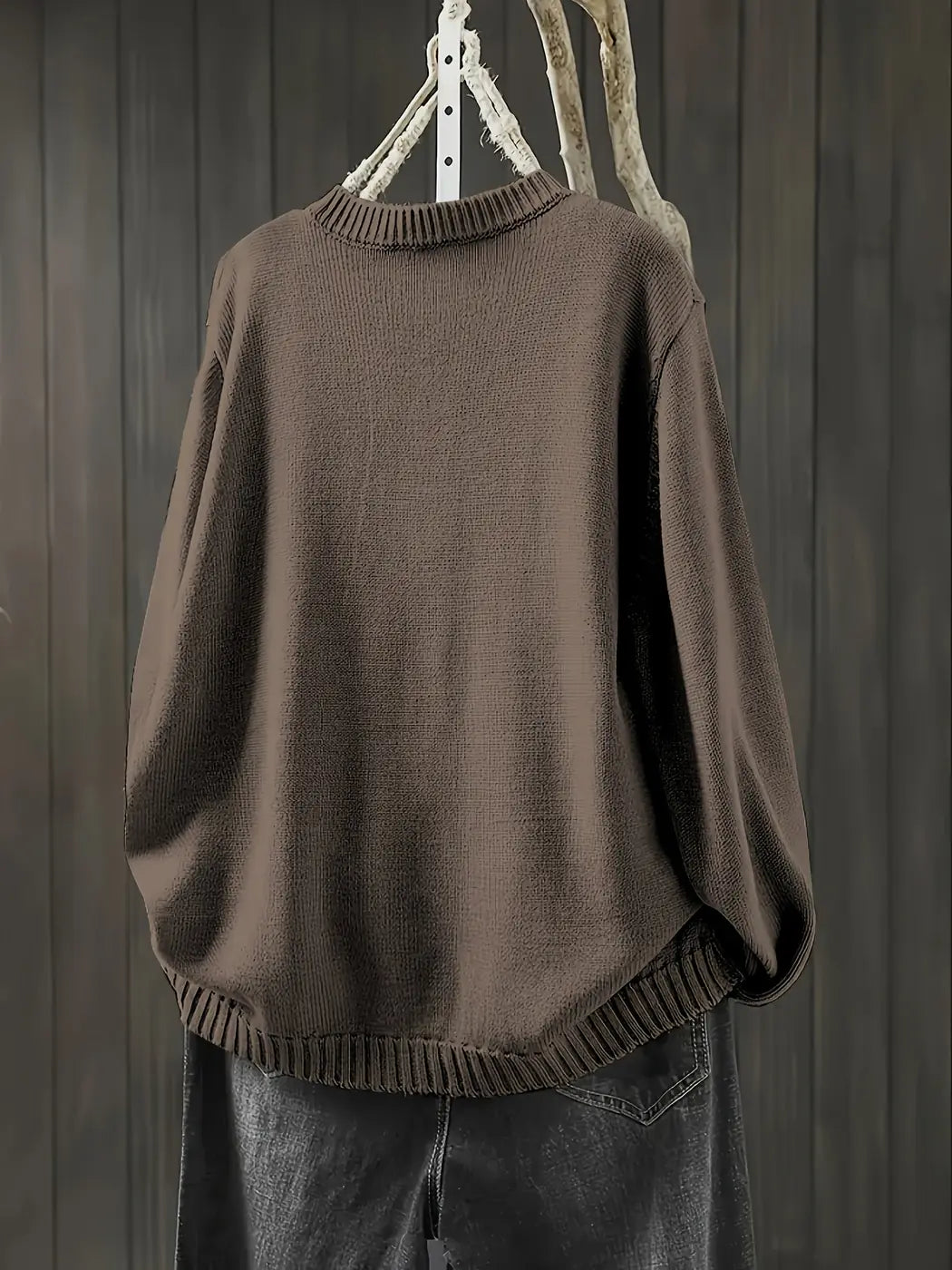 Dark Brown Women's Button-Front Knit Cardigan — Aida Oversized Rainbow-Button Crew Neck - Back Full