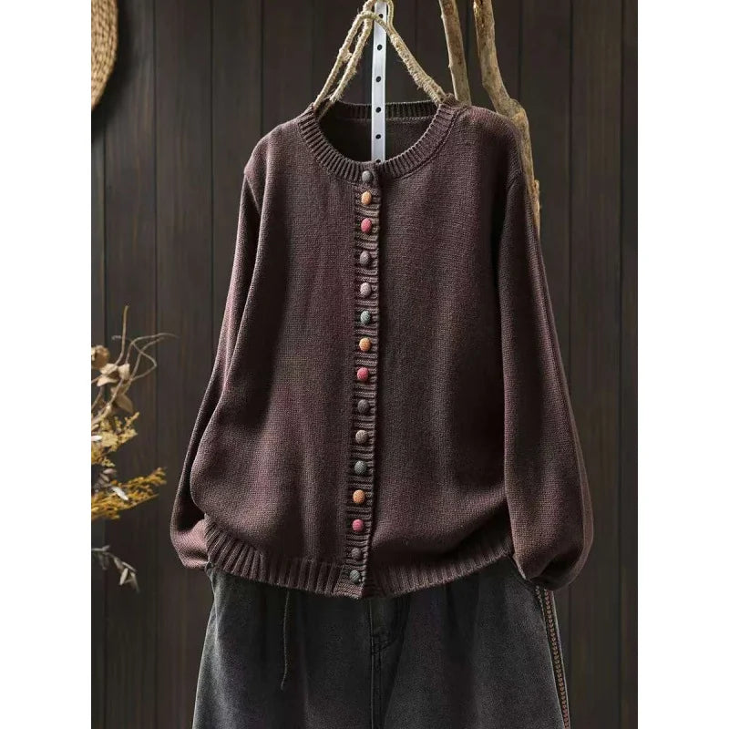 Dark Brown Women's Button-Front Knit Cardigan — Aida Oversized Rainbow-Button Crew Neck - Front Full