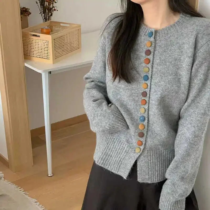 Gray Women's Colorful Button Cardigan — Maxine Cropped Crew Neck Long Sleeve - Close Up Buttons