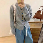 Gray Women's Colorful Button Cardigan — Maxine Cropped Crew Neck Long Sleeve - Worn Lifestyle Bag