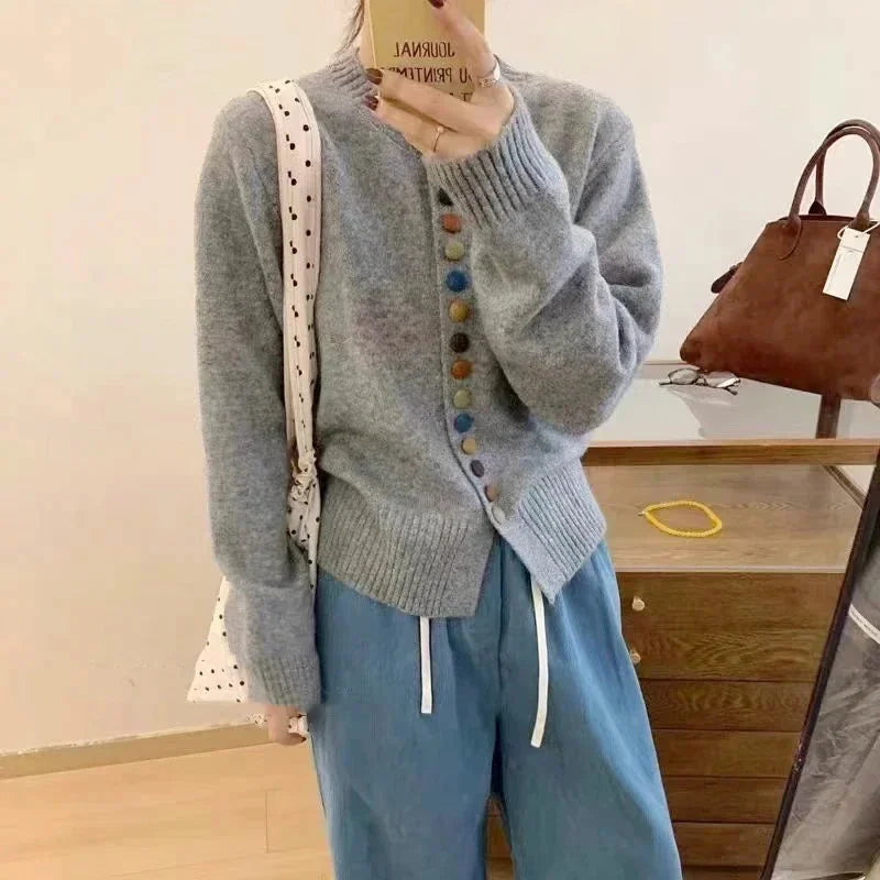 Gray Women's Colorful Button Cardigan — Maxine Cropped Crew Neck Long Sleeve - Worn Lifestyle Bag