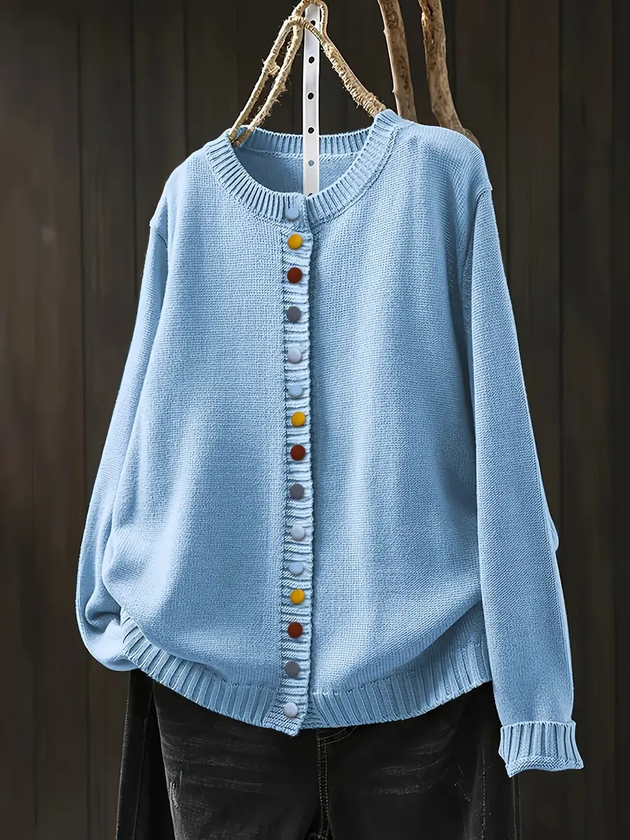 Light Blue Women's Button-Front Knit Cardigan — Aida Oversized Rainbow-Button Crew Neck - Front Full Pale