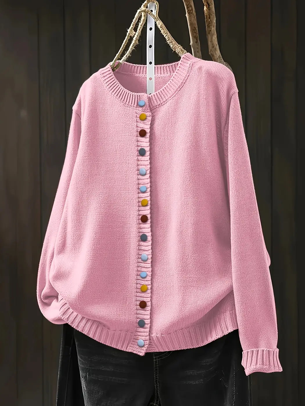 Light Pink Women's Button-Front Knit Cardigan — Aida Oversized Rainbow-Button Crew Neck - Front Full