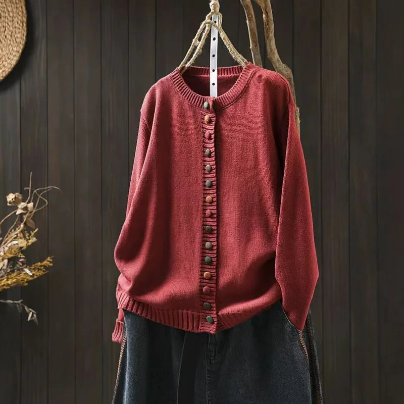Red Women's Button-Front Knit Cardigan — Aida Oversized Rainbow-Button Crew Neck - Front Full