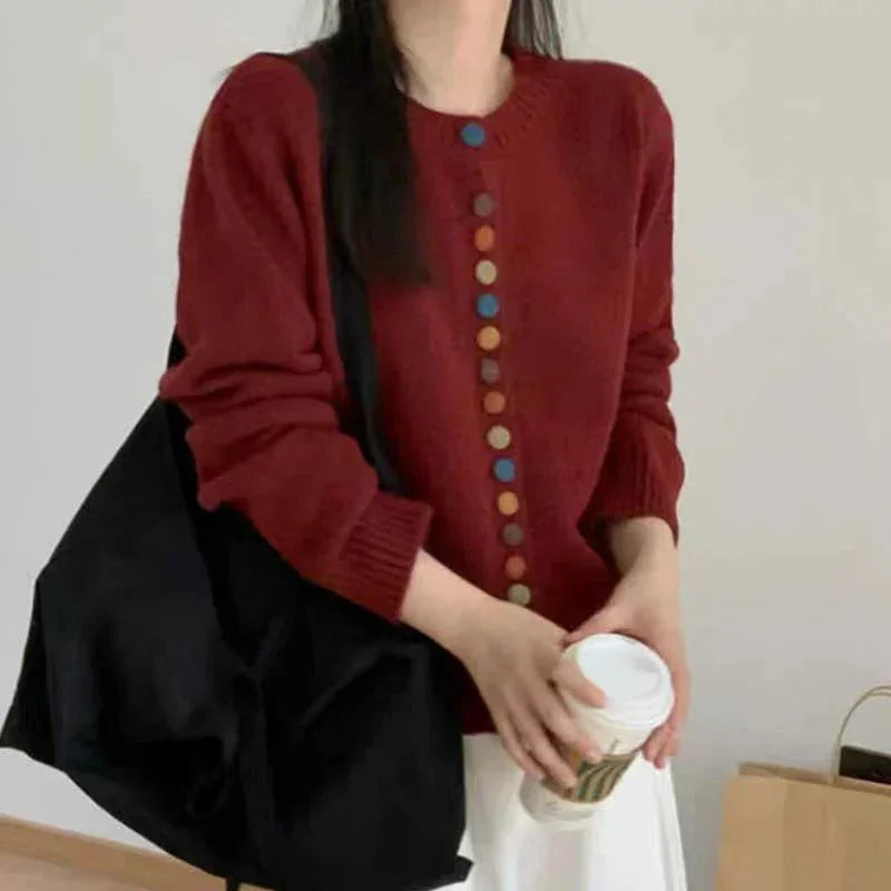 Red Women's Colorful Button Cardigan — Maxine Cropped Crew Neck Long Sleeve - Front Pose Bag