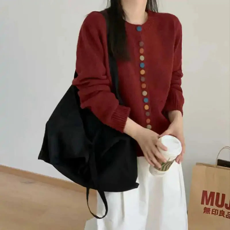 Red Women's Colorful Button Cardigan — Maxine Cropped Crew Neck Long Sleeve - Front Pose Coffee