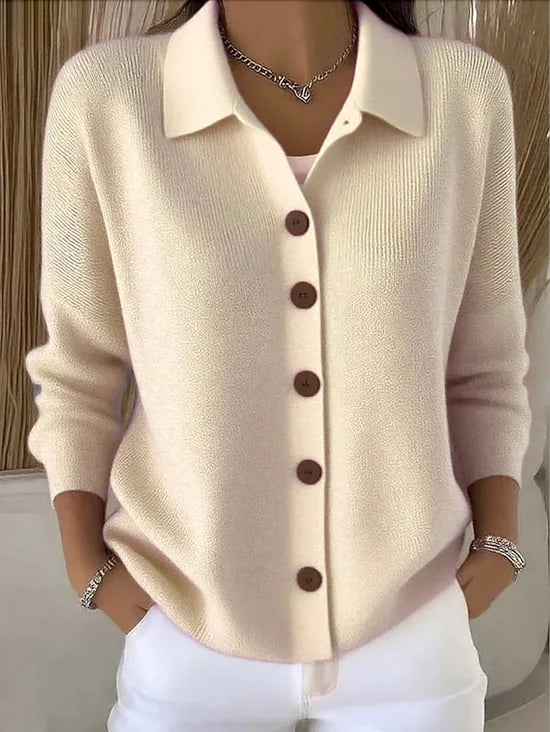 Beige Women's Button Up Cardigan — Vivien Everyday Relaxed Collar Button-Front - Front Full