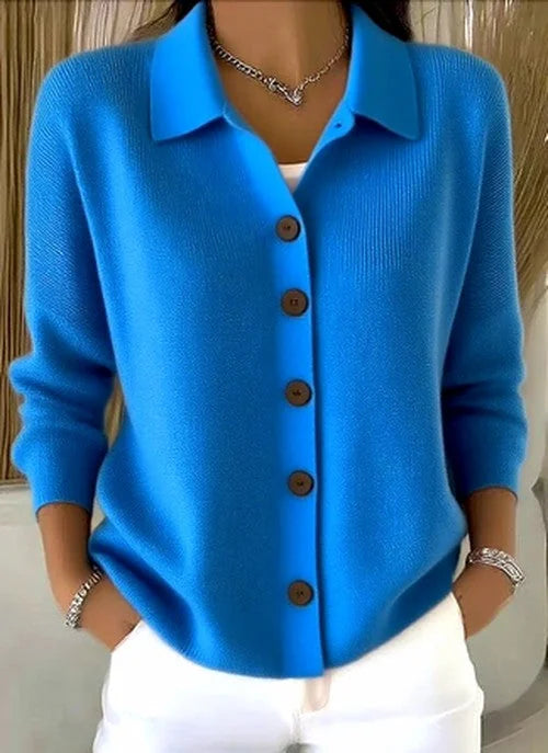 Blue Women's Button Up Cardigan — Vivien Everyday Relaxed Collar Button-Front - Studio Pose