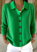 Green Women's Button Up Cardigan — Vivien Everyday Relaxed Collar Button-Front - Front Detail