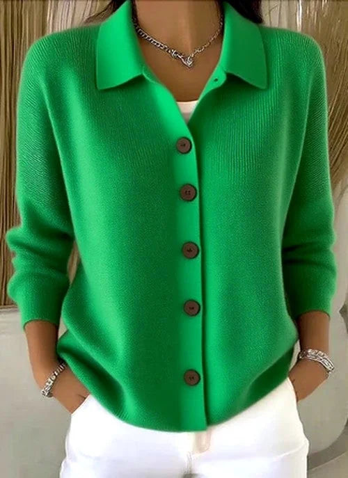 Green Women's Button Up Cardigan — Vivien Everyday Relaxed Collar Button-Front - Front Detail